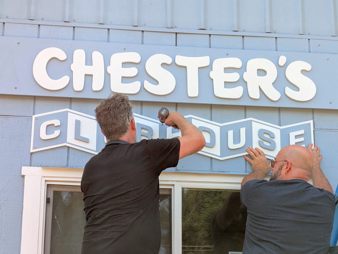 Installing the Outdoor Signage at Chester's Clubhouse at 720 NE Granger Ave in Corvallis, OR